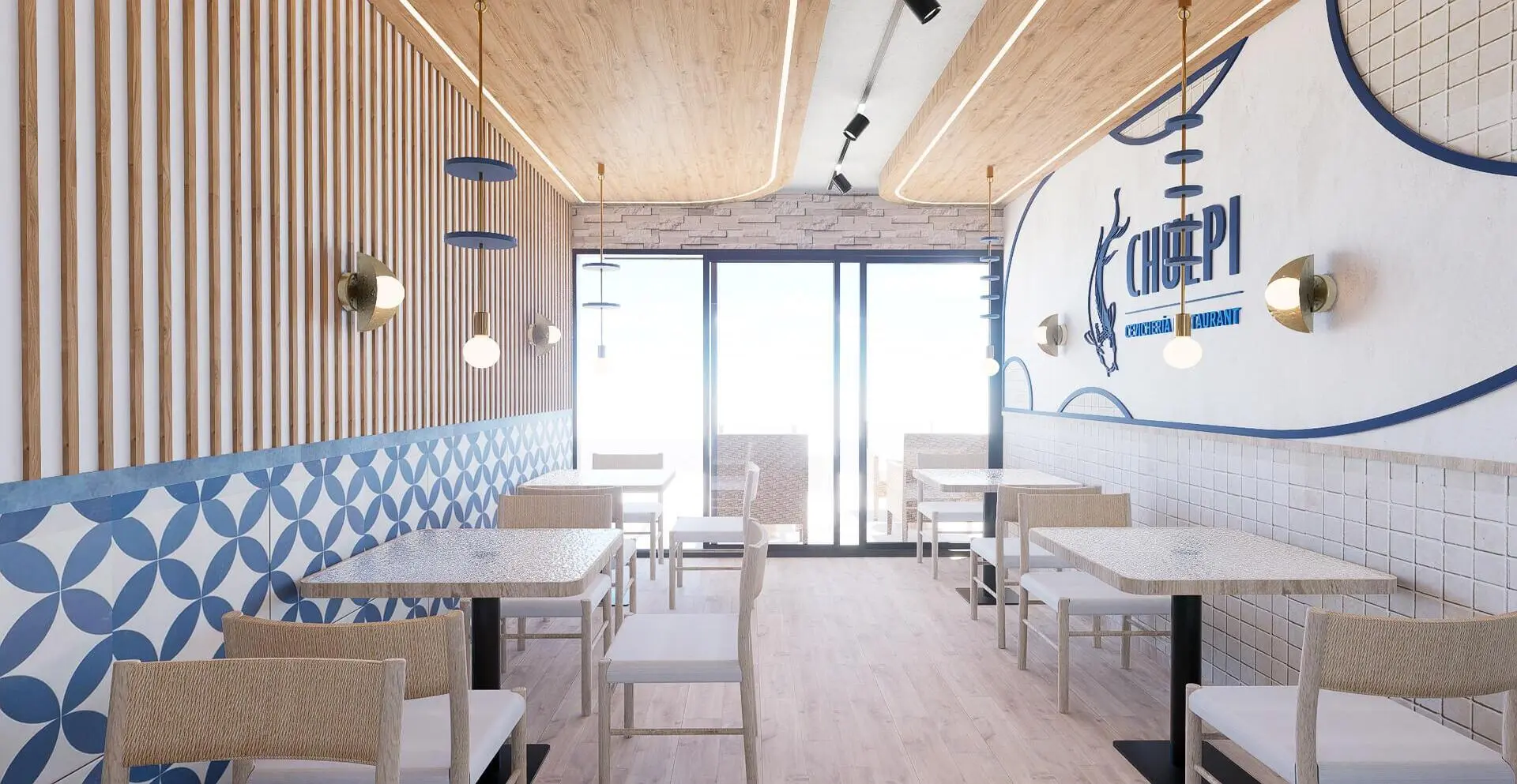 Interior de cafetería moderna con diseño minimalista, mesas blancas, sillas y madera clara en el techo