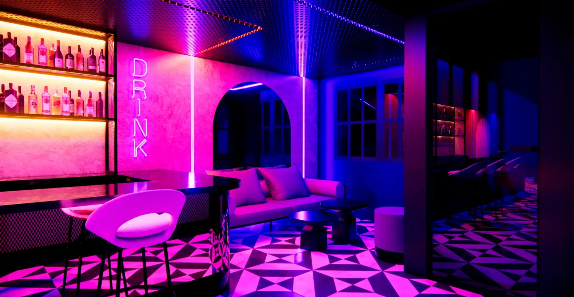 Lounge de estilo elegante con paredes neón rosa, luces LED en mobiliario, sofás modernos y ambiente diseñado para un espacio social con enfoque estético y envolvente