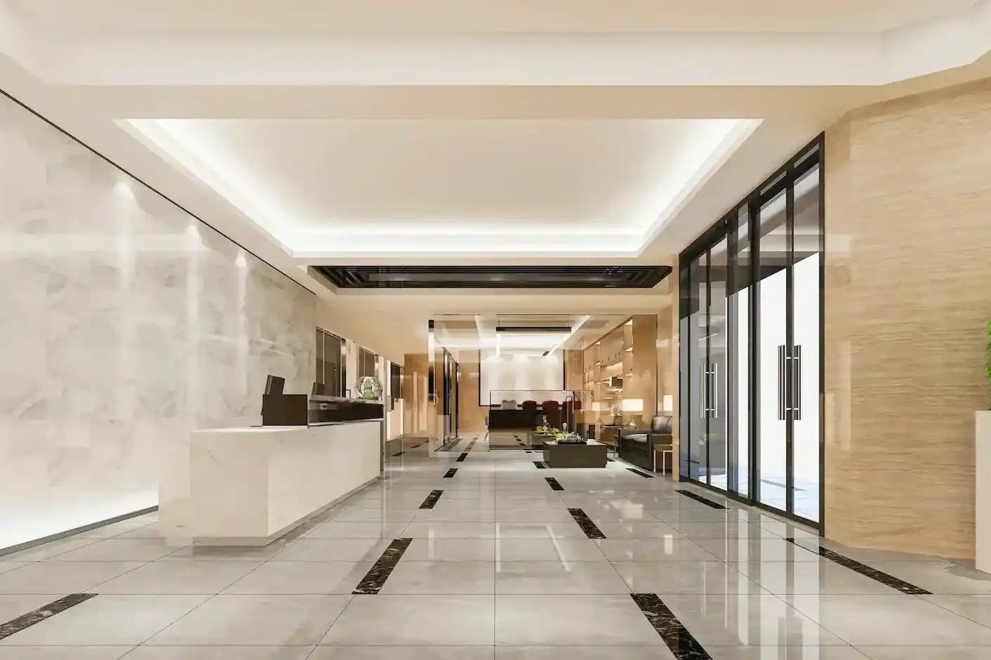 Oficina moderna de estilo industrial y coworking, con techos altos, tuberías expuestas y lámparas colgantes, mesas comunales de madera, sillas ergonómicas, estanterías con libros y plantas, y un ambiente colaborativo y relajado.